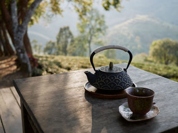 Teapot and teacup on the table in garden