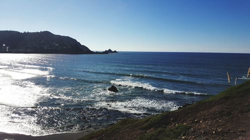 Scenic view of sea against clear blue sky