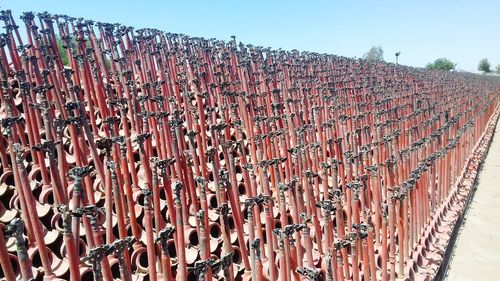 Low angle view of roof tiles against clear sky