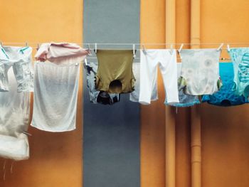 Close-up of clothes drying on clothesline