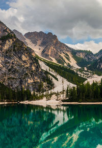 Scenic view of lake by mountains against sky