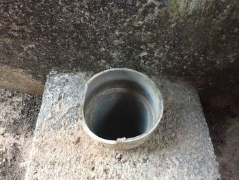 High angle view of water in container on rock