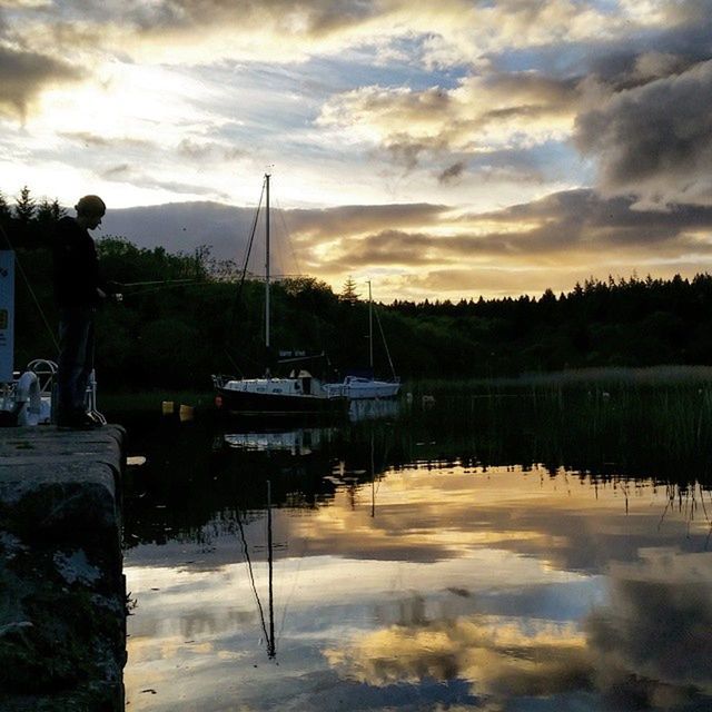 water, nautical vessel, transportation, boat, sky, sunset, moored, mode of transport, cloud - sky, reflection, cloudy, lake, tranquility, tranquil scene, silhouette, scenics, cloud, nature, beauty in nature, waterfront