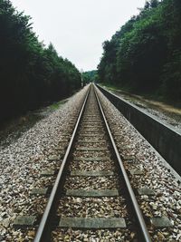 Railroad track amidst trees against clear sky