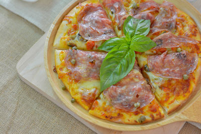 High angle view of pizza on table