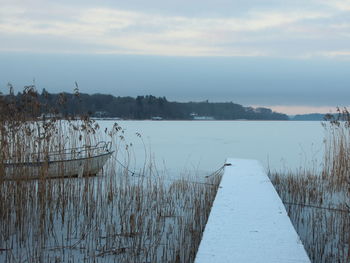 Pier over lake against sky