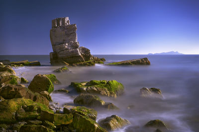 Scenic view of sea against clear blue sky