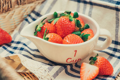 High angle view of fruits in bowl on table