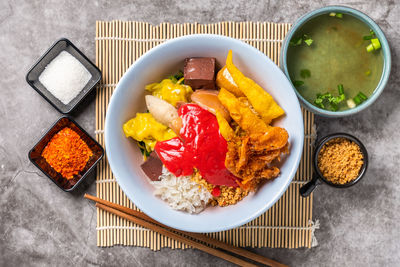 High angle view of food in bowl on table