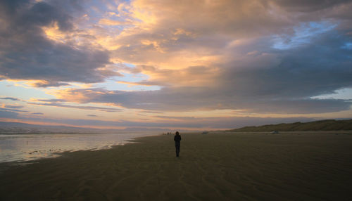 Rear view of man standing on beach against sky during sunset