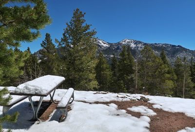 Picnic table covered with snow, trees and mountains in the background in colorado rockies