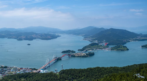 High angle view of bay and sea against sky