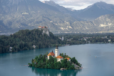 Beautyfull view of mountains and lake of bled in slovenia