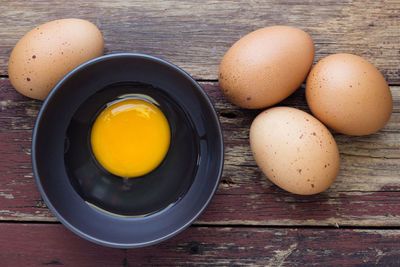 High angle view of eggs in bowl on table