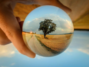 Cropped image of person holding crystal ball against sky