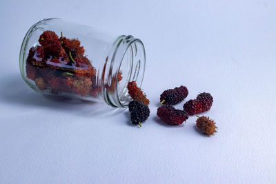 Close-up of fruits in jar on table