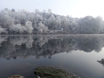 Scenic view of lake by trees against clear sky