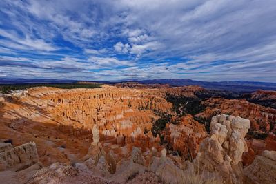 Scenic view of rock formations against cloudy sky