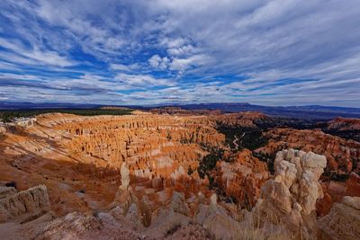 Scenic view of rock formations against cloudy sky