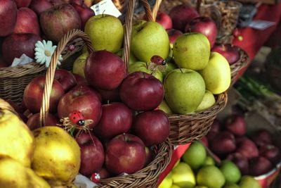 Close-up of apples in basket for sale at market stall