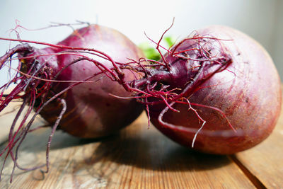 Close-up of common beets on table