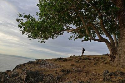 Rear view of man standing on rocks against sky