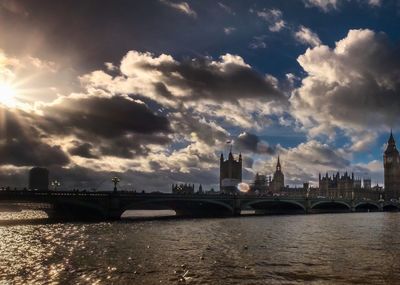 View of bridge over river against cloudy sky