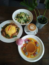 High angle view of breakfast served on table
