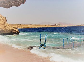 Scenic view of beach against clear sky