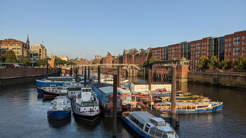 Boats moored at harbor