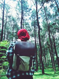 Rear view of man in forest