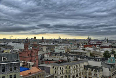 High angle view of townscape against sky during sunset