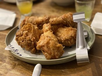 High angle view of breakfast served on table