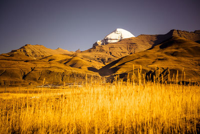 Scenic view of landscape and mountains against clear sky