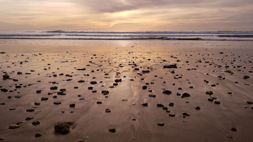 Scenic view of beach against sky during sunset