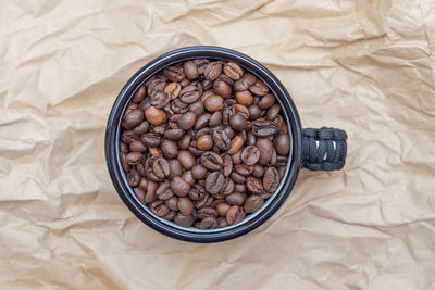 High angle view of coffee beans on table