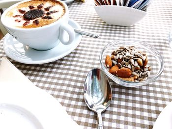 High angle view of breakfast on table