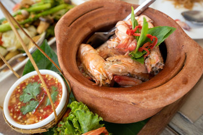 High angle view of seafood in bowl on table