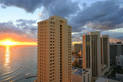 Modern buildings in city against cloudy sky