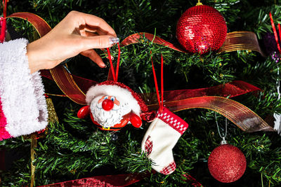 Close-up of christmas decorations hanging on tree