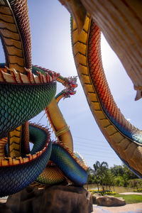 Low angle view of multi colored roof outside building against sky