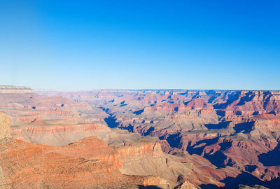 Scenic view of dramatic landscape against clear blue sky