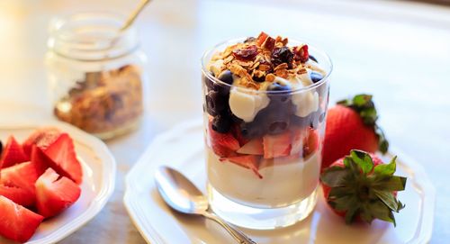 Close-up of dessert served on table