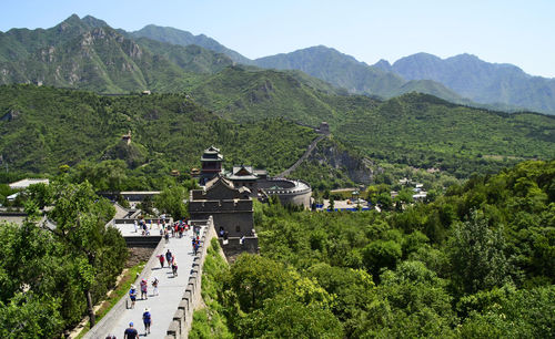 High angle view of trees and mountains