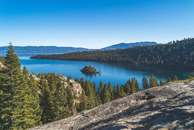 Emerald bay, lake tahoe, california with view of fannette island on clear day. blue water