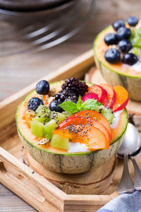 High angle view of fruits in plate on table