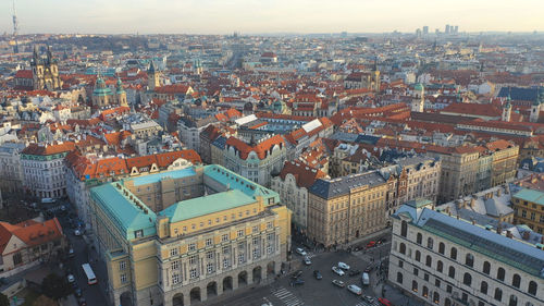 High angle view of street and buildings in city