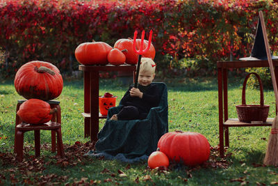 View of man sitting on seat in field