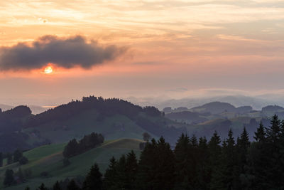 Scenic view of mountains against sky at sunset