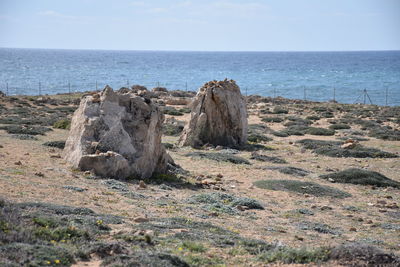 Scenic view of rocks on beach against sky